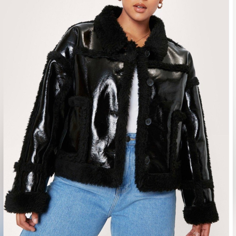 Plus Size Patent Faux Leather Aviator Jacket
